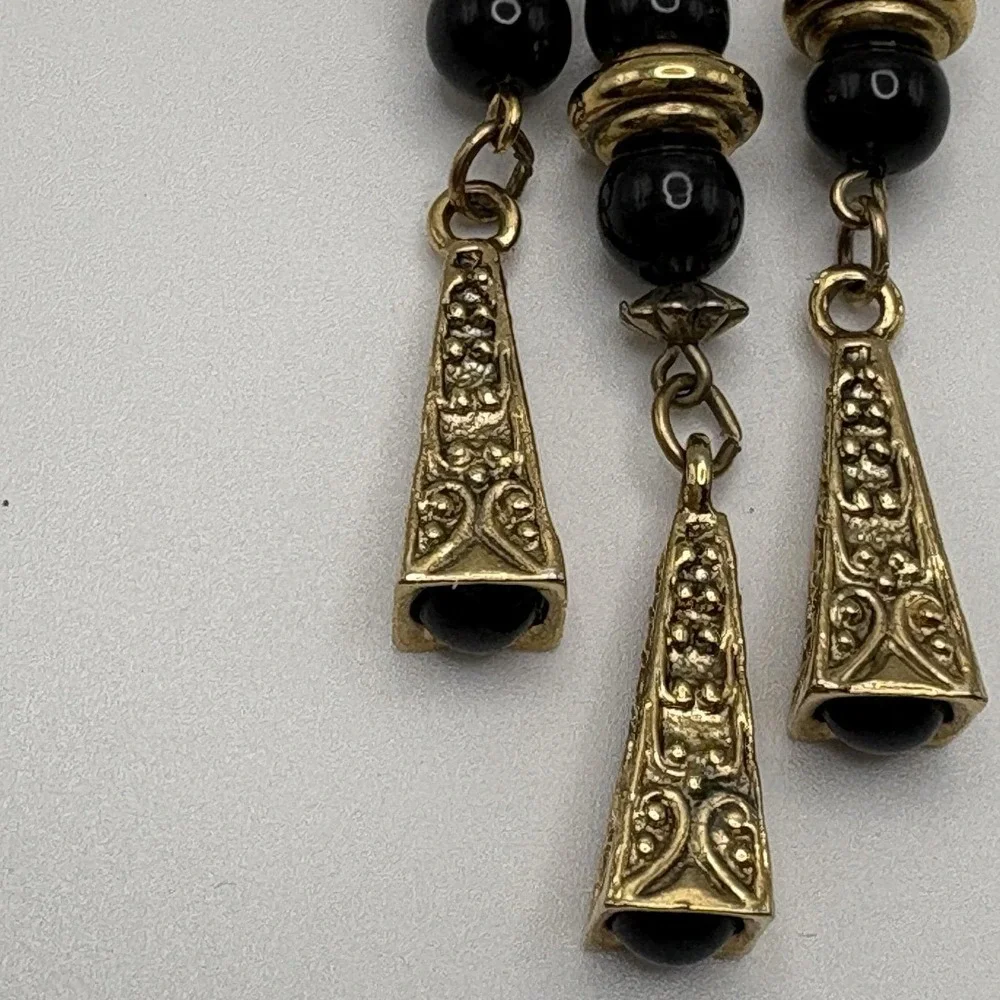 Vintage 1928 Brooch Etruscan Revival Shield Dangle Tassel Gold Black